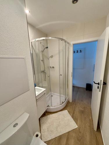 a white bathroom with a shower and a toilet at Apartmán Mlynská in Vranov nad Topľou