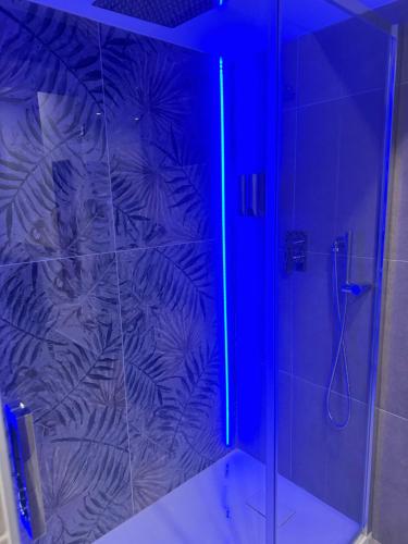 a bathroom with a shower with a glass door at Luxury Rooms Soraja in Palermo