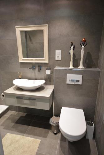 ein Badezimmer mit Waschbecken, Toilette und Spiegel in der Unterkunft Luxury apartment in Düsseldorf near trade fair in Düsseldorf