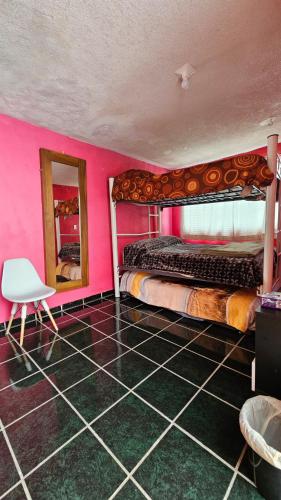 a pink bedroom with two beds and a mirror at Casa del Parque en Toluca in Toluca
