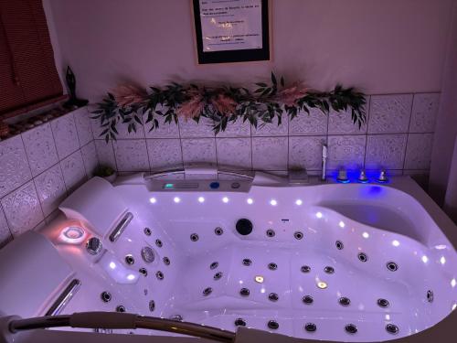 a white bath tub in a room with plants at L'instant Beaujolais 2 ou 4 personnes Logis cosy balnéo vue jardin in Theizé