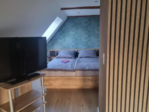 a bedroom with a bed and a flat screen tv at Lewitz-Urlaub in Lübesse
