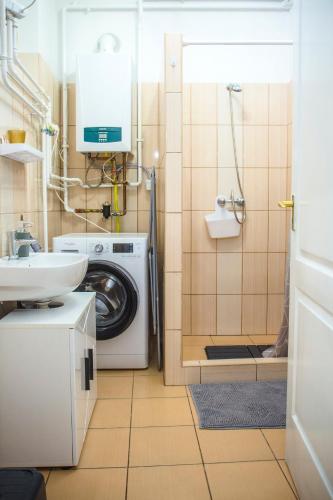 a bathroom with a washing machine and a sink at Bázis Vendégház Hajdúnánás in Hajdúnánás