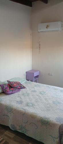 a bedroom with a bed and a purple table at Casa Sol Naciente in Villa Santa Cruz del Lago