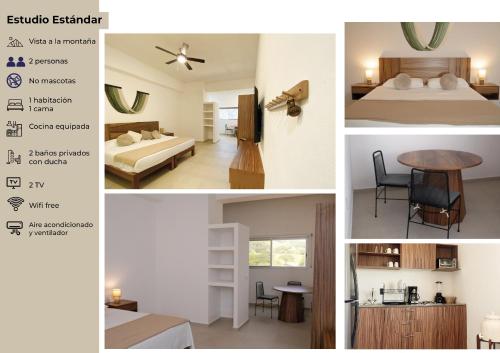 a collage of four pictures of a hotel room at Itare Beach House in Bucerías