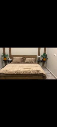 a bedroom with a bed and two tables with plants at chalet B1 in Al Khīrān