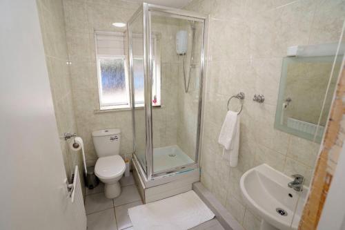 a bathroom with a shower and a toilet and a sink at Birchwood-Lodge in Horley