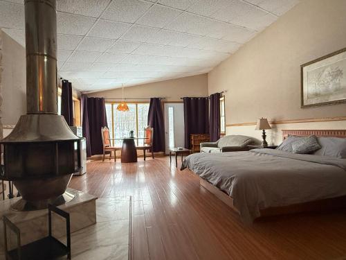 a bedroom with a bed and a fireplace in it at Hotel Motel La Marquise in Sherbrooke