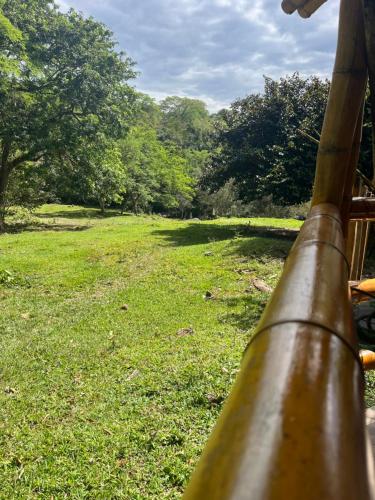 a view of a field of grass with a wooden pole at Cabañas Aires de mi campo in Paicol