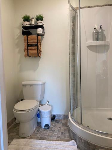 a bathroom with a toilet and a shower at Lake Room in Sandpoint