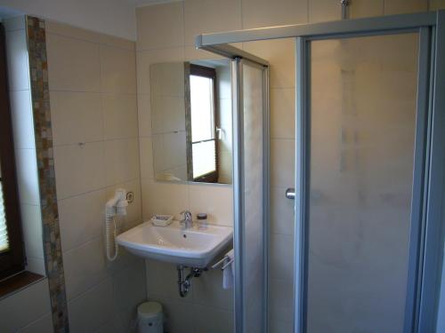 a bathroom with a sink and a shower at Hotel Magdalenenhof inklusive MeineCardPlus in Willingen