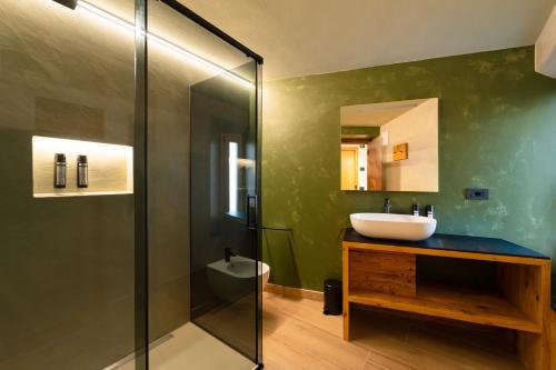 a bathroom with a sink and a shower at Guest House Fleim in Panchià