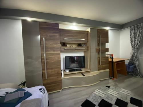 a bedroom with a tv and a bed in a room at La Bubu in Uricani