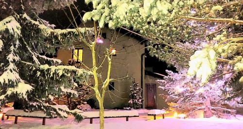 a snow covered yard with benches in front of a house at Chata Bella in Smižany
