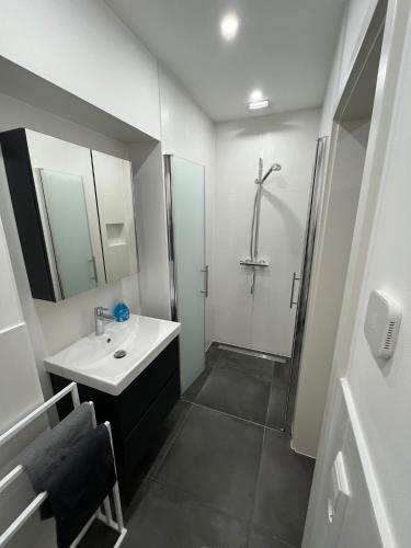a white bathroom with a sink and a shower at Lumio Apartment 3 - Klimatisiert - Coffee for free - in Karlsruhe