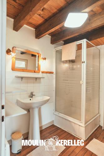 a bathroom with a shower and a sink at Gîte Sieck Moulin de Kerellec in Plougoulm