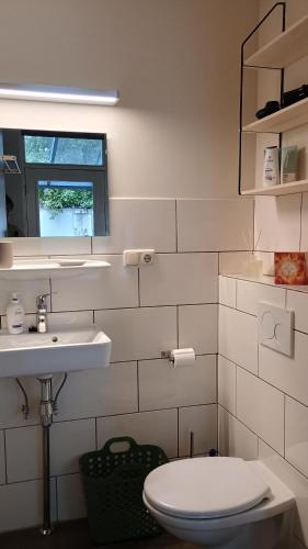 a white bathroom with a toilet and a sink at Guesthouse de Burght 2 - Bottendaal in Nijmegen