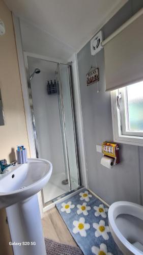 a bathroom with a sink and a toilet and a shower at Meadows nook in Clitheroe