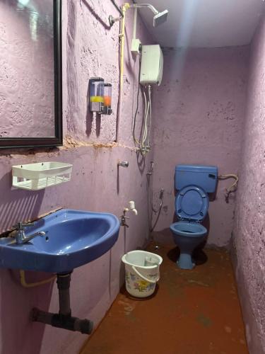 a bathroom with a blue sink and a toilet at Prakriti Resort in Arambol