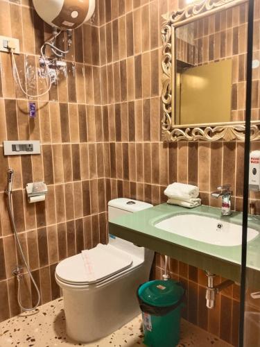 a bathroom with a toilet and a sink and a mirror at Ray of Maya near to taj mahal in Agra