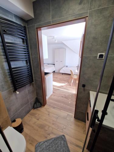 a small room with a bathroom with a sink and a mirror at Apartamenty, Pokoje Somea in Ustroń