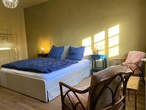 ein Schlafzimmer mit einem Bett mit blauen Kissen und einem Stuhl in der Unterkunft Webstube in Drochtersen