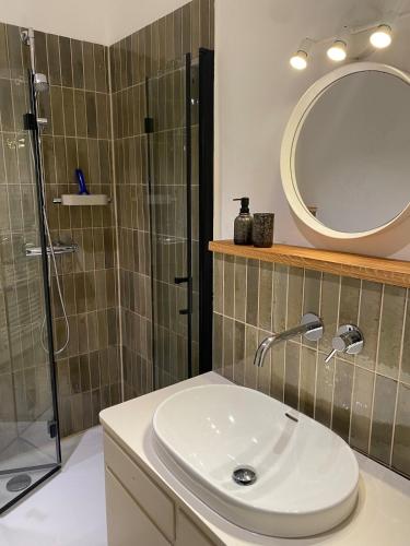 ein Badezimmer mit Waschbecken und Dusche mit Spiegel in der Unterkunft Webstube in Drochtersen