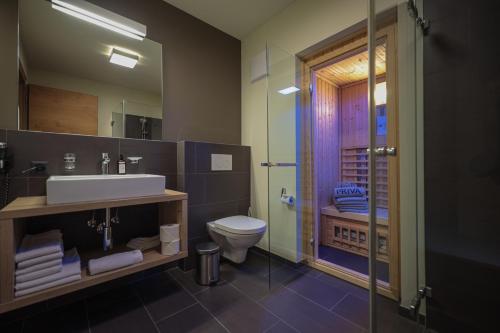 a bathroom with a sink and a toilet and a shower at PRIVÀ Alpine Lodge in Lenzerheide