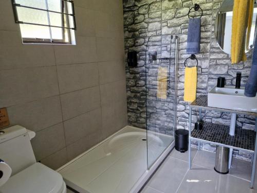 a bathroom with a shower and a toilet and a sink at Elmscote Cottages - Cabin 2 in Krugersdorp