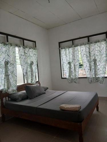 a bedroom with a large bed with two windows at Villa Rosita - Apo Island in Dauin