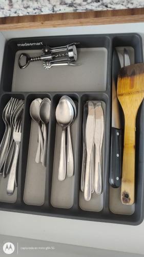 a tray filled with utensils in a drawer at Departamento para 6 vista al mar con alberca y embarcadero in Conchal