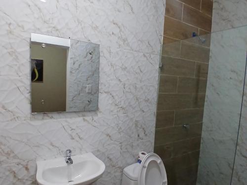a bathroom with a sink and a toilet and a mirror at Hotel los 4 Tesoros in Pedernales
