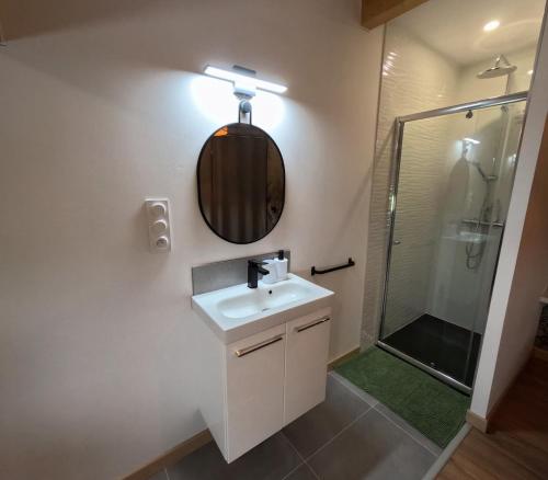 a bathroom with a sink and a shower with a mirror at Chambre indépendante Pyrenées in Lombez