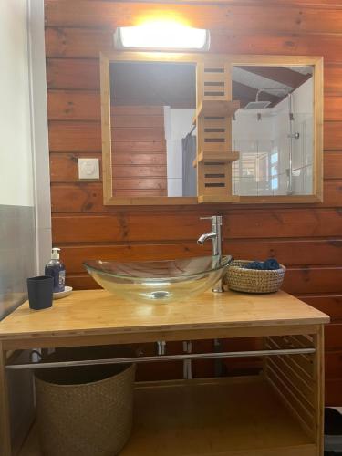 a bathroom with a glass sink and a mirror at Les gîtes Lanmou 1 in La Désirade