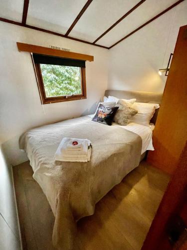 a bedroom with a large bed with a window at Chalet aan de Rotte in Rotterdam