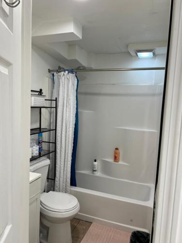 a bathroom with a toilet and a tub and a sink at Private 1BR with Parking & Laundry Near Boston in Everett