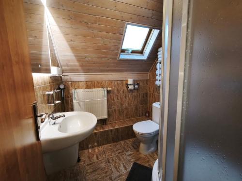 a small bathroom with a sink and a toilet at Pension DORO in Černý Dŭl