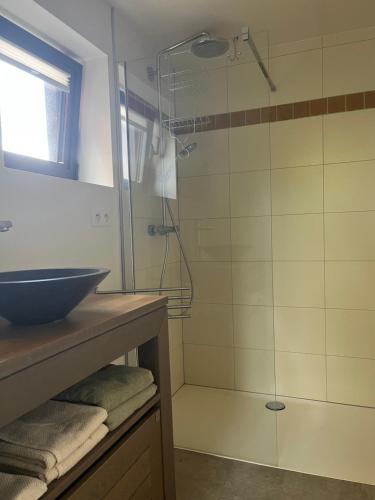 a bathroom with a shower and a sink at Bellefleur Cottage in Herent