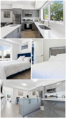 a white kitchen with two beds and a sink at Entire Luxury Suite 4Mins To Falls, Free Parking in Niagara Falls
