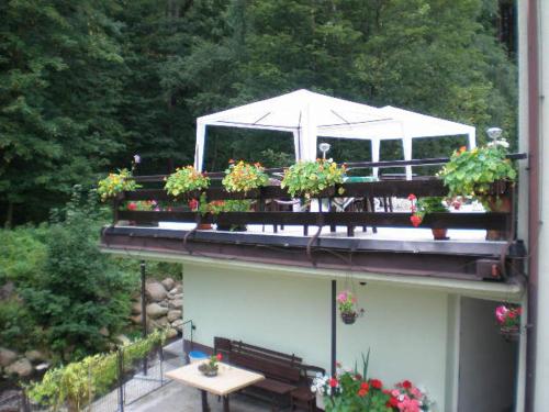a balcony with potted plants on a building at Penzion Valovi in Merklín