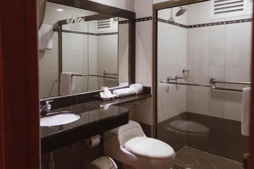 a bathroom with a toilet and a sink and a mirror at Hotel Bachue in Barrancabermeja