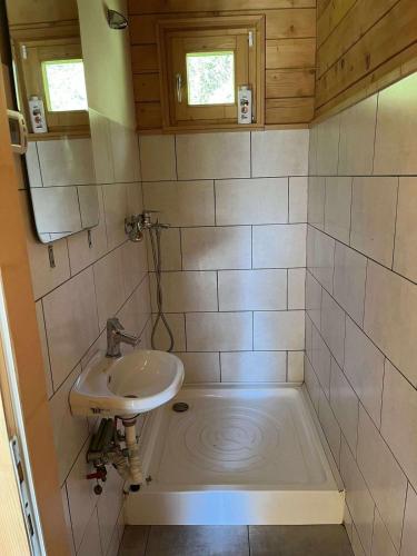 a small bathroom with a sink and a tub at Hargitaház Mountain House in Harghita-Băi