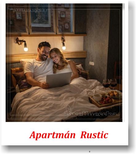 a man and woman laying in bed with a laptop at Wellnesska Vyhne in Vyhne