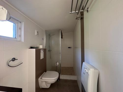 a small bathroom with a toilet and a shower at Mas la Provence in L'Isle-sur-la-Sorgue