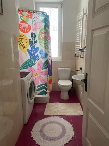 a bathroom with a toilet and a shower curtain at Królewska Sielanka in Mielnik