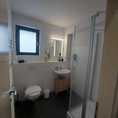 a bathroom with a toilet and a sink and a shower at Andromachi Apartments in Jembke