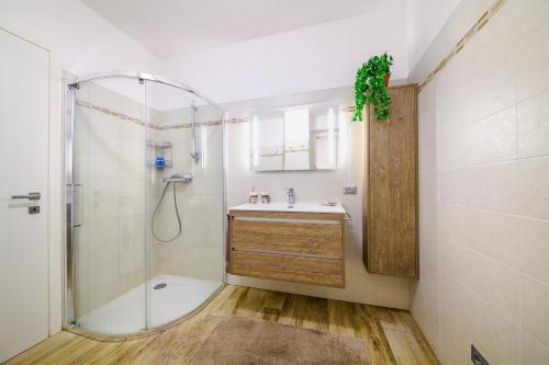 a bathroom with a shower and a sink at Casa Lina Tirano in Tirano