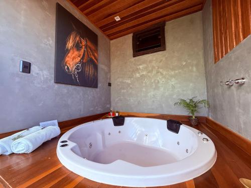 a bath tub in a bathroom with a painting of a horse at Refúgio Horse in Santo Antônio do Pinhal