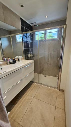 a bathroom with a shower and a sink and a mirror at Villa Berninoise in Bernin