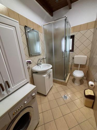 a bathroom with a shower and a sink and a toilet at NoMad House-entire house at your disposal,4 guests in Berat
